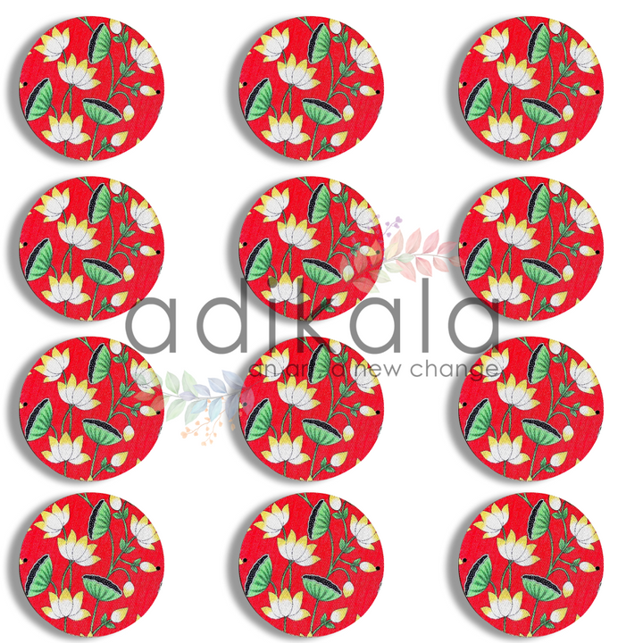 4 Inch Red Plates | Printed fabric plates | Pichwai Print fabric Lotus | Lotus Design | Printed fabric Design | all hanging Plates | Set of 6 | Set of 12 | Diwali Festivals | Diwali | Hobby Craft | Adikala Craft Store | Adikala