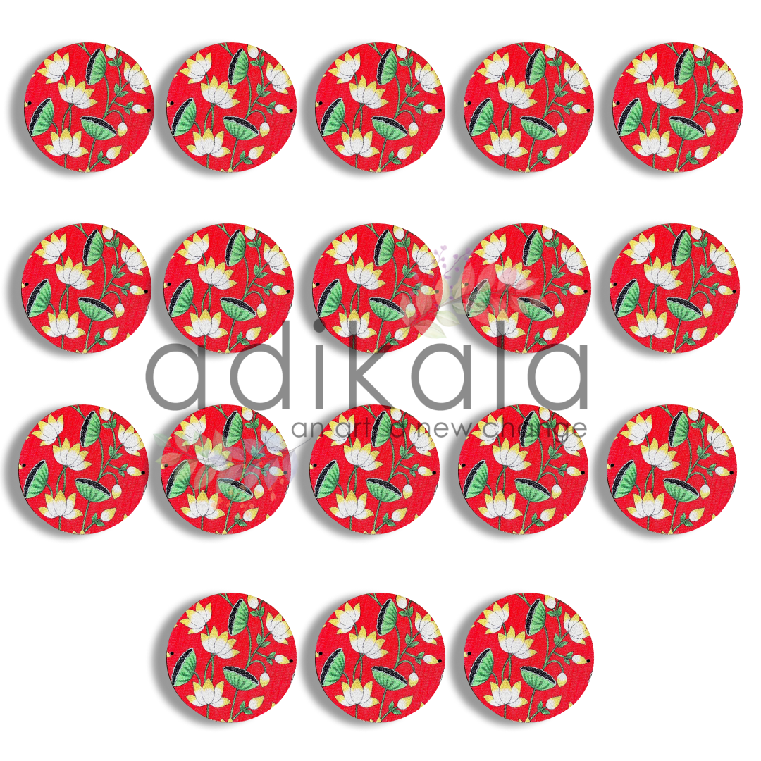 4 Inch Red Plates | Printed fabric plates | Pichwai Print fabric Lotus | Lotus Design | Printed fabric Design | all hanging Plates | Set of 6 | Set of 12 | Diwali Festivals | Diwali | Hobby Craft | Adikala Craft Store | Adikala