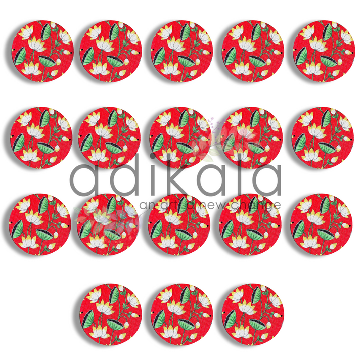 4 Inch Red Plates | Printed fabric plates | Pichwai Print fabric Lotus | Lotus Design | Printed fabric Design | all hanging Plates | Set of 6 | Set of 12 | Diwali Festivals | Diwali | Hobby Craft | Adikala Craft Store | Adikala