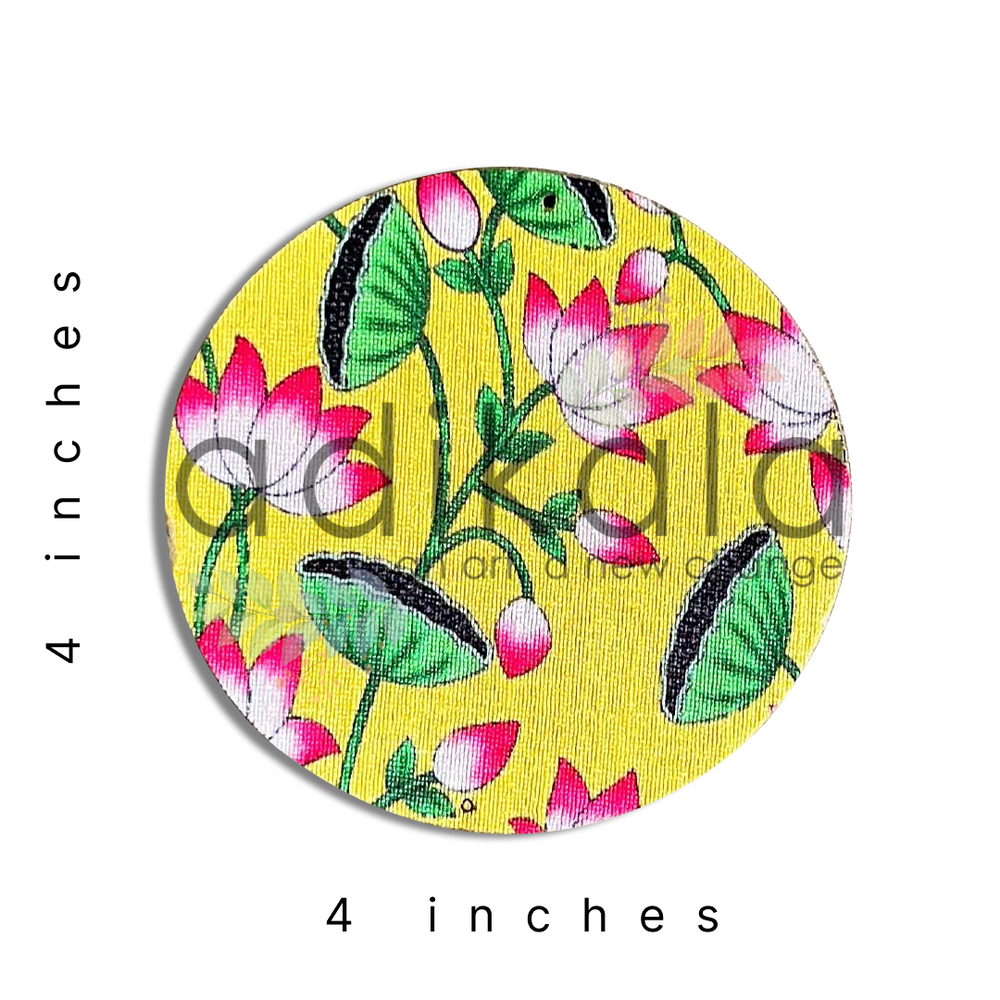 4 Inch Yellow Plates | Printed fabric plates | Pichwai Print fabric Lotus | Lotus Design | Printed fabric Design | all hanging Plates | Set of 6 | Set of 12 | Diwali Festivals | Diwali | Hobby Craft | Adikala Craft Store | Adikala