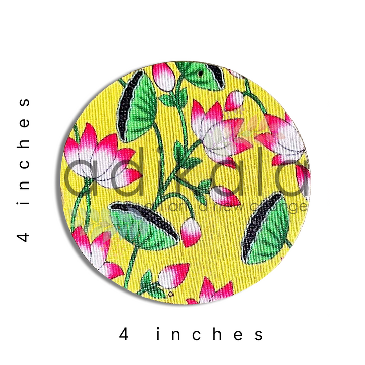 4 Inch Yellow Plates | Printed fabric plates | Pichwai Print fabric Lotus | Lotus Design | Printed fabric Design | all hanging Plates | Set of 6 | Set of 12 | Diwali Festivals | Diwali | Hobby Craft | Adikala Craft Store | Adikala