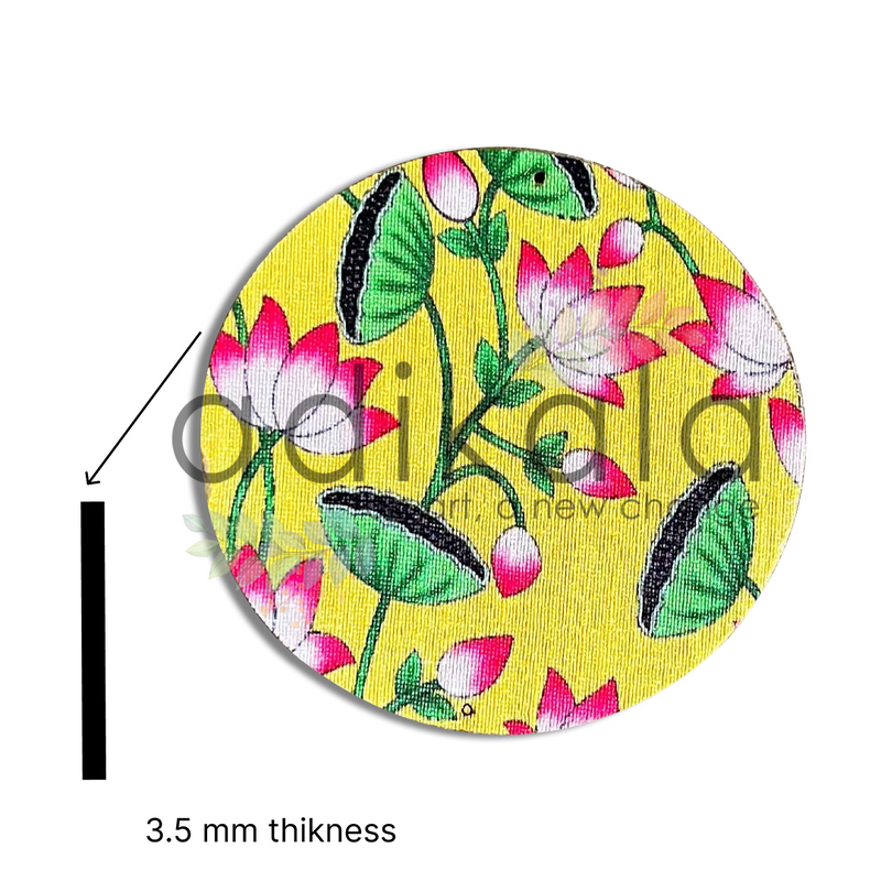 4 Inch Yellow Plates | Printed fabric plates | Pichwai Print fabric Lotus | Lotus Design | Printed fabric Design | all hanging Plates | Set of 6 | Set of 12 | Diwali Festivals | Diwali | Hobby Craft | Adikala Craft Store | Adikala