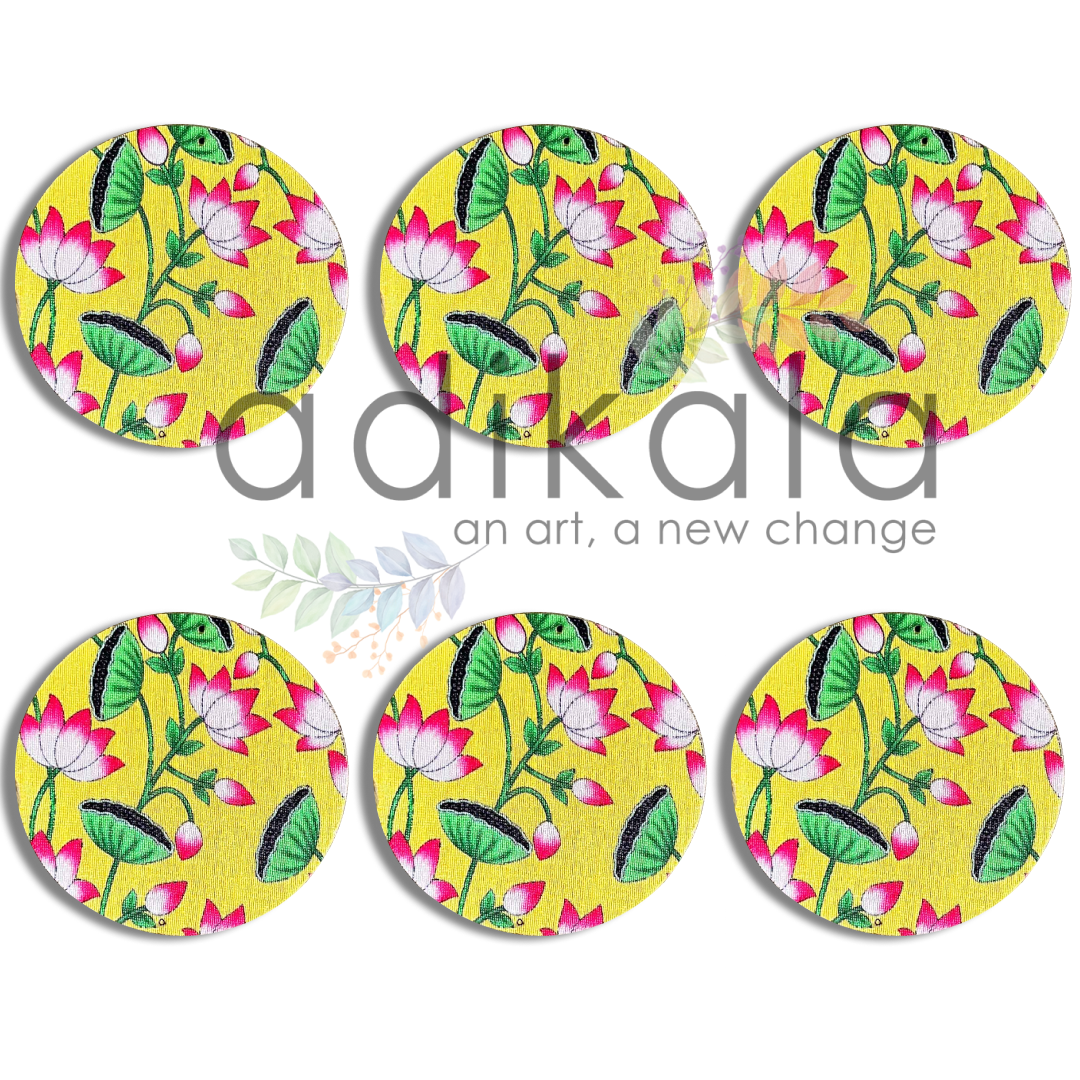 4 Inch Yellow Plates | Printed fabric plates | Pichwai Print fabric Lotus | Lotus Design | Printed fabric Design | all hanging Plates | Set of 6 | Set of 12 | Diwali Festivals | Diwali | Hobby Craft | Adikala Craft Store | Adikala