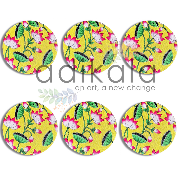 4 Inch Yellow Plates | Printed fabric plates | Pichwai Print fabric Lotus | Lotus Design | Printed fabric Design | all hanging Plates | Set of 6 | Set of 12 | Diwali Festivals | Diwali | Hobby Craft | Adikala Craft Store | Adikala