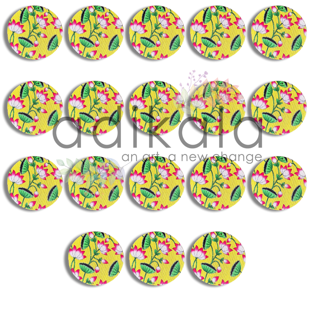 4 Inch Yellow Plates | Printed fabric plates | Pichwai Print fabric Lotus | Lotus Design | Printed fabric Design | all hanging Plates | Set of 6 | Set of 12 | Diwali Festivals | Diwali | Hobby Craft | Adikala Craft Store | Adikala