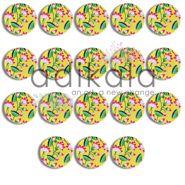 4 Inch Yellow Plates | Printed fabric plates | Pichwai Print fabric Lotus | Lotus Design | Printed fabric Design | all hanging Plates | Set of 6 | Set of 12 | Diwali Festivals | Diwali | Hobby Craft | Adikala Craft Store | Adikala