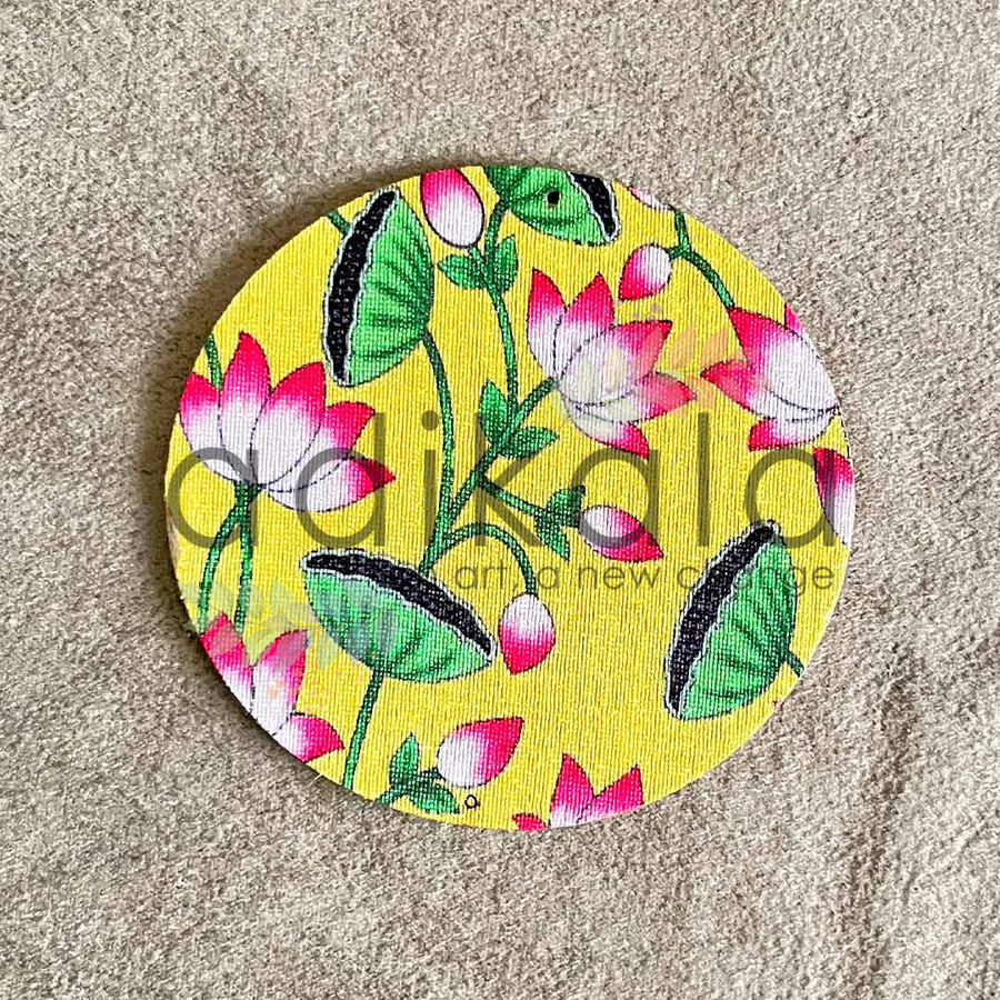 4 Inch Yellow Plates | Printed fabric plates | Pichwai Print fabric Lotus | Lotus Design | Printed fabric Design | all hanging Plates | Set of 6 | Set of 12 | Diwali Festivals | Diwali | Hobby Craft | Adikala Craft Store | Adikala