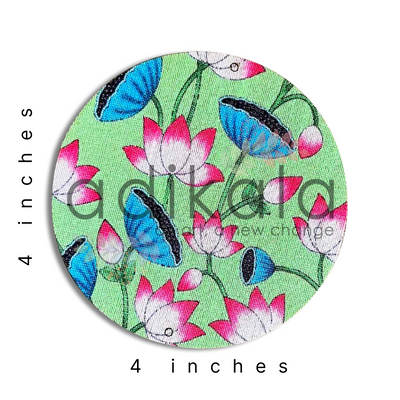 4 Inch Light Green Plates | Printed fabric plates | Pichwai Print fabric Lotus | Lotus Design | Printed fabric Design | all hanging Plates | Set of 6 | Set of 12 | Diwali Festivals | Diwali | Hobby Craft | Adikala Craft Store | Adikala