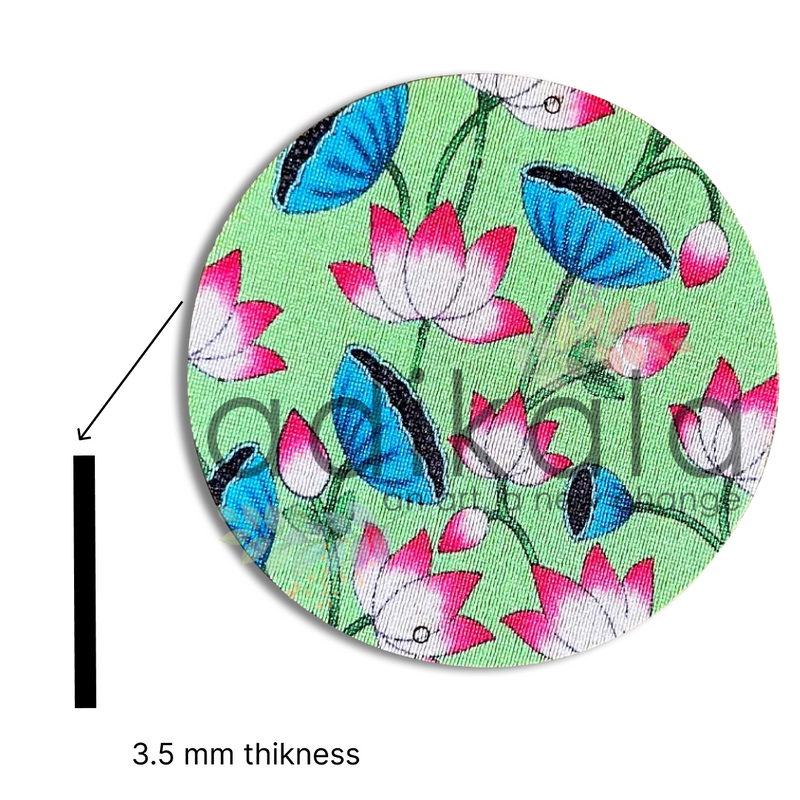 4 Inch Light Green Plates | Printed fabric plates | Pichwai Print fabric Lotus | Lotus Design | Printed fabric Design | all hanging Plates | Set of 6 | Set of 12 | Diwali Festivals | Diwali | Hobby Craft | Adikala Craft Store | Adikala