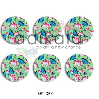 4 Inch Light Green Plates | Printed fabric plates | Pichwai Print fabric Lotus | Lotus Design | Printed fabric Design | all hanging Plates | Set of 6 | Set of 12 | Diwali Festivals | Diwali | Hobby Craft | Adikala Craft Store | Adikala