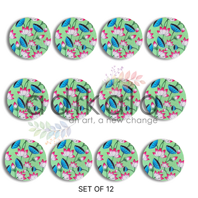 4 Inch Light Green Plates | Printed fabric plates | Pichwai Print fabric Lotus | Lotus Design | Printed fabric Design | all hanging Plates | Set of 6 | Set of 12 | Diwali Festivals | Diwali | Hobby Craft | Adikala Craft Store | Adikala