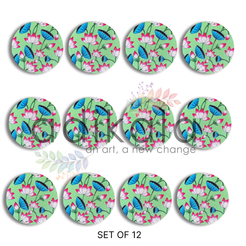 4 Inch Light Green Plates | Printed fabric plates | Pichwai Print fabric Lotus | Lotus Design | Printed fabric Design | all hanging Plates | Set of 6 | Set of 12 | Diwali Festivals | Diwali | Hobby Craft | Adikala Craft Store | Adikala