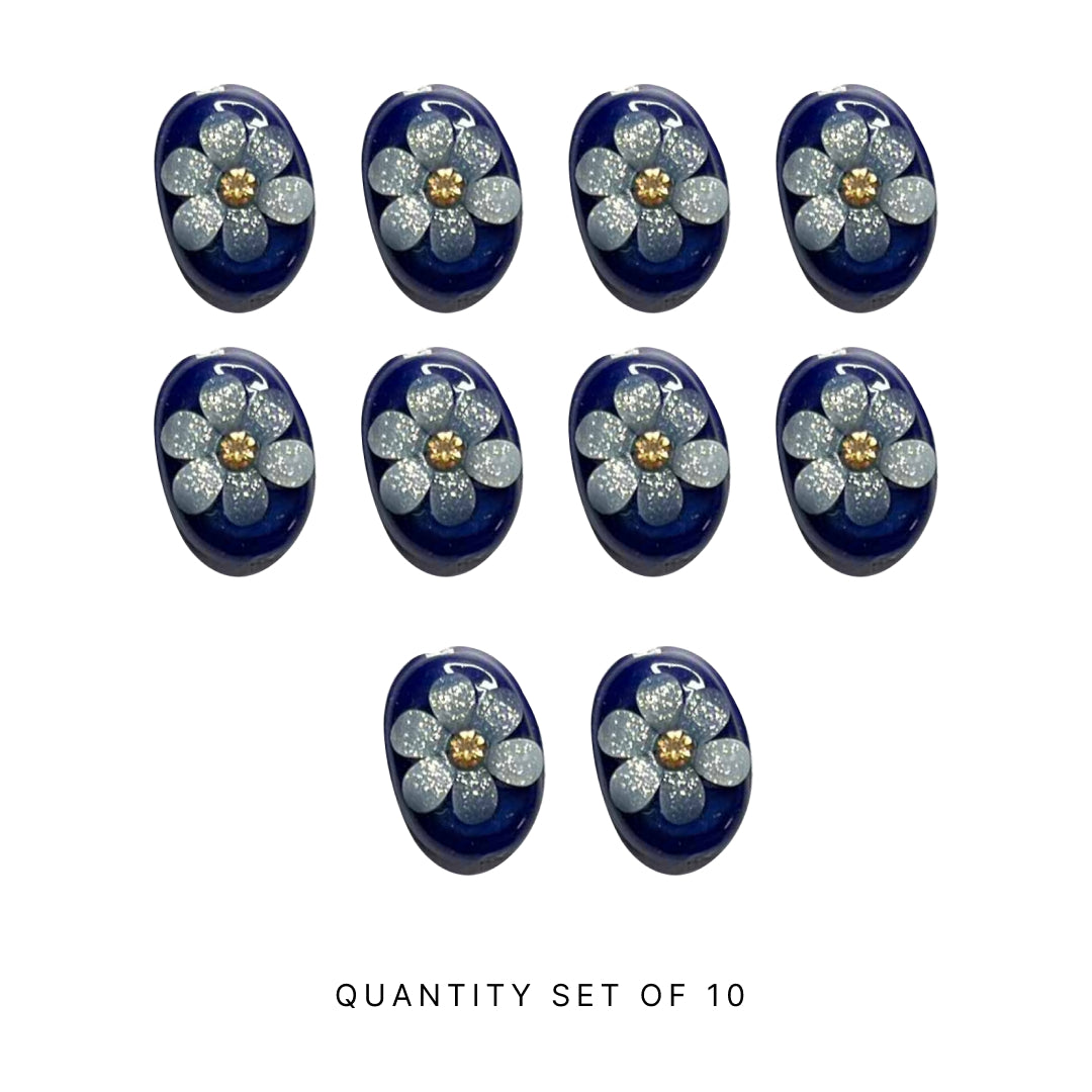 Dark Blue  Color Button | Blue Button | Buttons | White Flower Button | Jarkan Oval Shape Button | Buttons Set of 10 | Art | Craft | Decoration | Dress Making | Dress | Yellow Artificial Buttons | Adikala Craft Store | Adikala