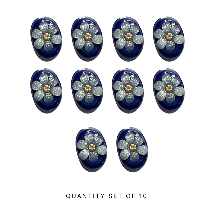 Dark Blue  Color Button | Blue Button | Buttons | White Flower Button | Jarkan Oval Shape Button | Buttons Set of 10 | Art | Craft | Decoration | Dress Making | Dress | Yellow Artificial Buttons | Adikala Craft Store | Adikala