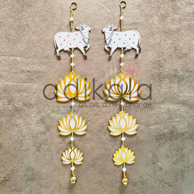 White Color Velvet Acrylic Lotus Flower With Pichwai Cow Hanging For Decoration Set Of 2