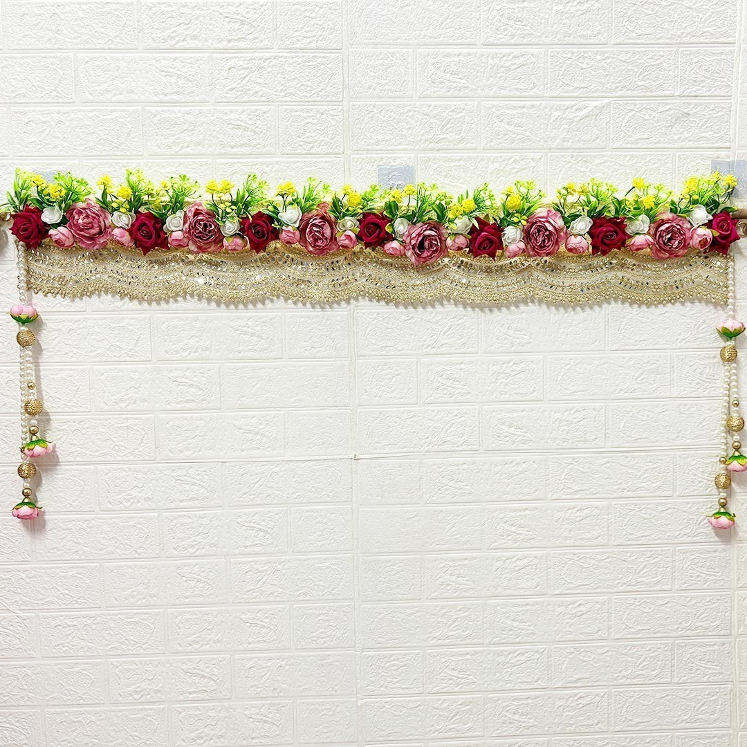 Adikala - Craft Store Rose Floral Toran 40 inch door hanging with maroon and pink roses, yellow flowers, green leaves, and gold beaded trim.