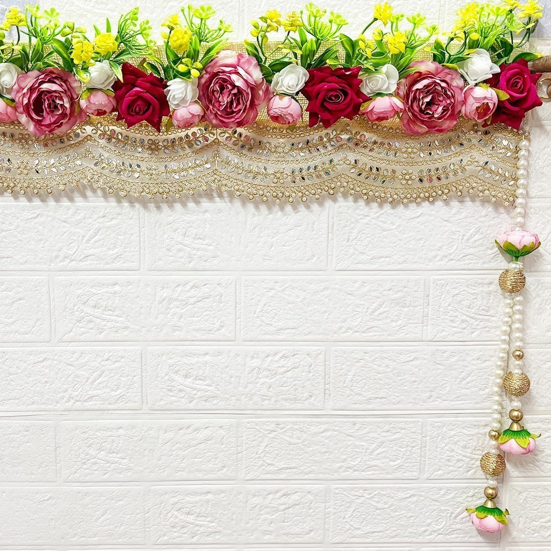 Adikala - Craft Store Rose Floral Toran with hanging pearls and gold beads, 40-inch door hanging for festive decor.