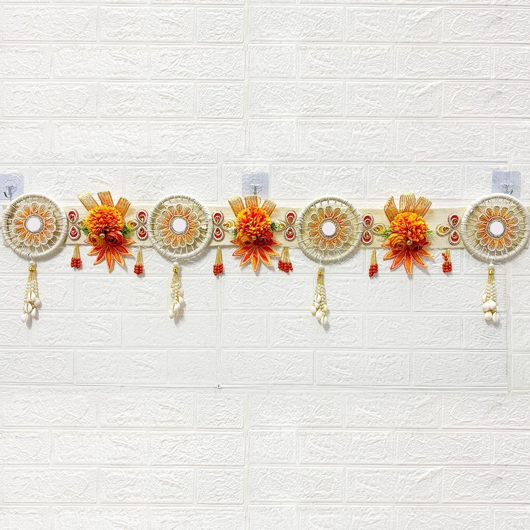 Adikala orange floral toran door hanging with white and gold accents, 40 inches long, ideal for festive home entrance decoration.