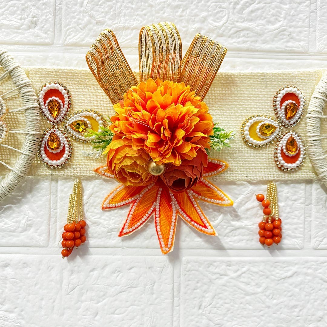 Adikala orange floral toran 40 inch door hanging with beaded embellishments and gold ribbon accents, perfect for festive decor.