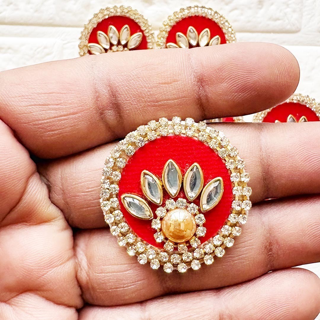 Adikala pack of 10 red round rhinestone patches with gold center and clear stones, ideal for crafts.