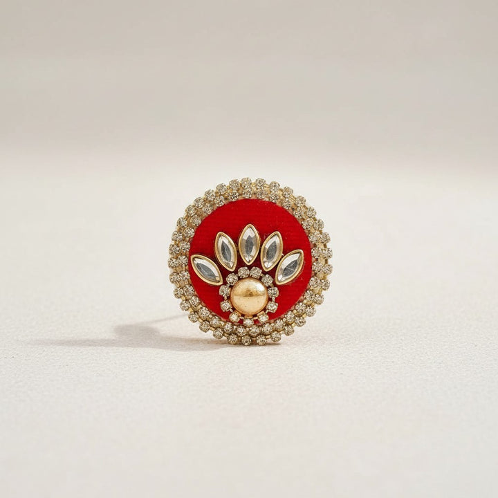 Adikala red round fabric patch with gold center, clear rhinestones, and gold bead embellishments. Ideal for crafts and Laddu Gopal dresses.