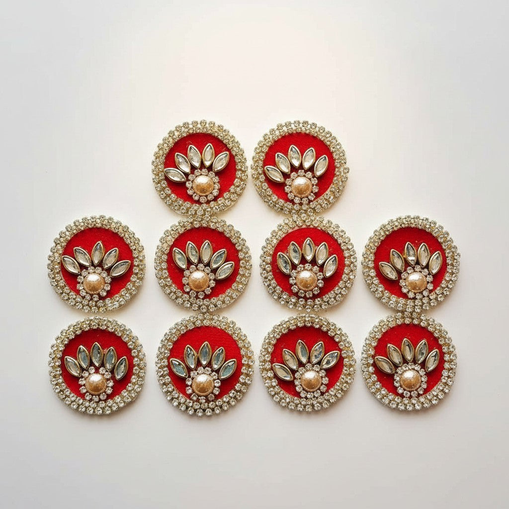 Adikala pack of 10 red round rhinestone patches with gold center, ideal for Laddu Gopal dresses and crafts.