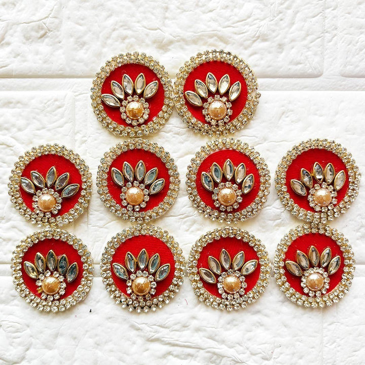 Adikala pack of 10 red round rhinestone patches with gold trim and clear crystal embellishments for crafts and clothing.