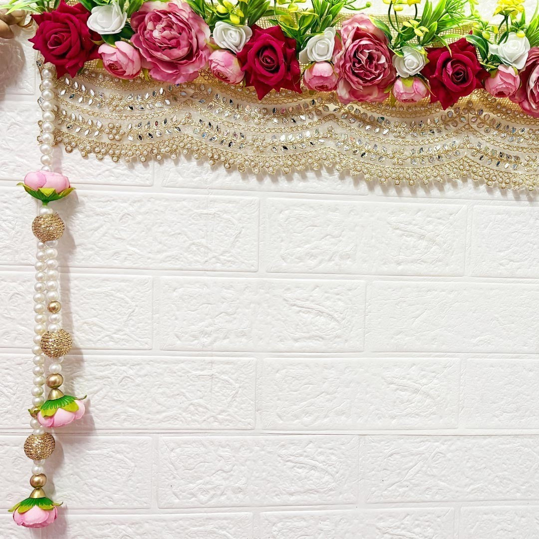 Adikala - Craft Store Rose Floral Toran with pearl and gold bead hanging accents, 40 inch door decoration.