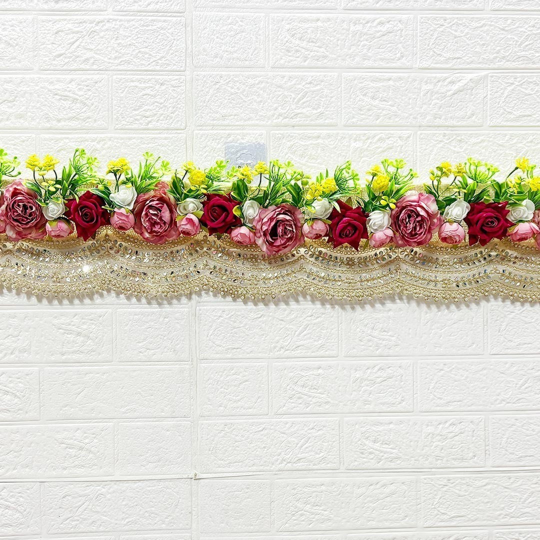 Adikala - Craft Store Rose Floral Toran with gold beaded trim and hanging accents, 40 inches, for door and mandir decoration.