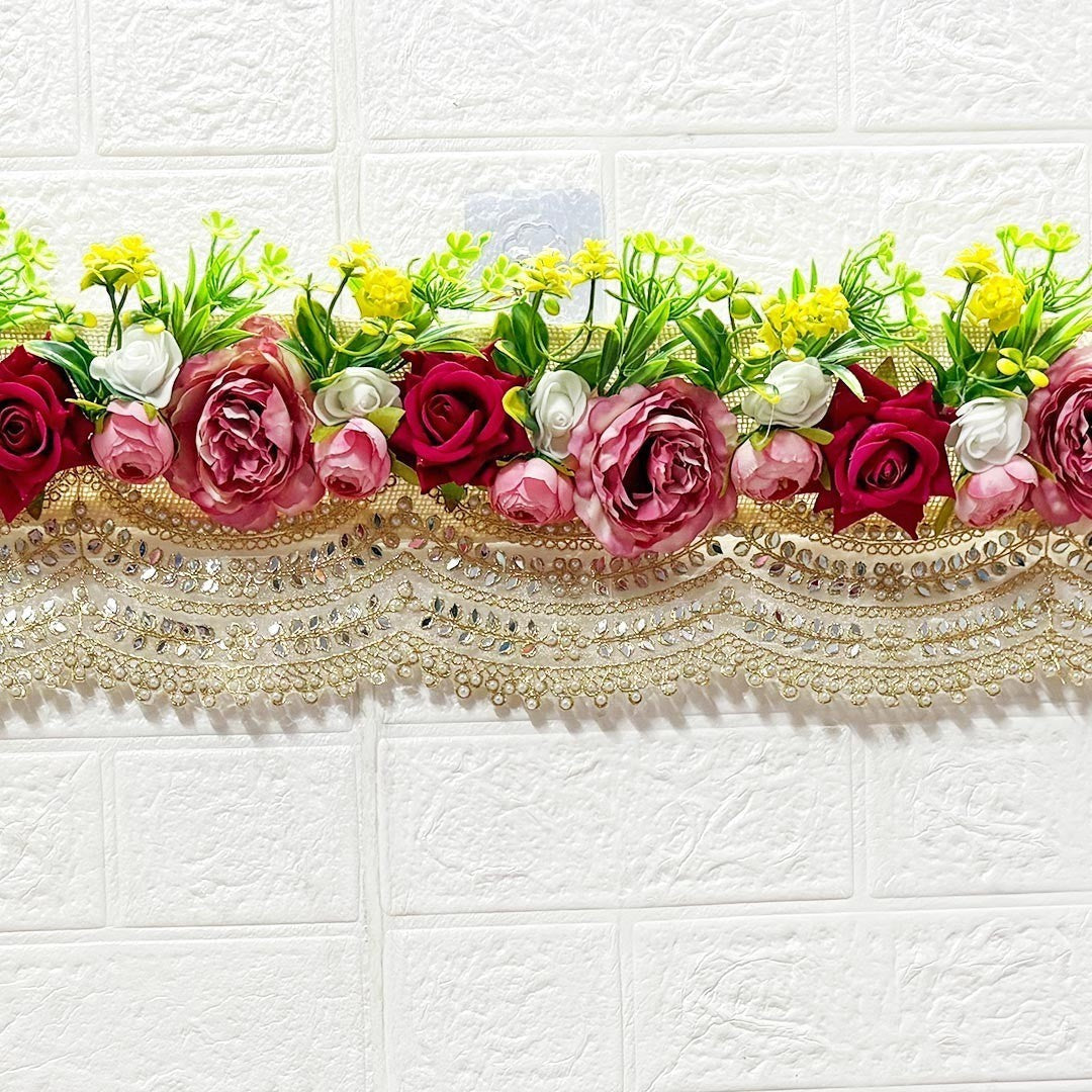 Adikala - Craft Store Rose Floral Toran 40 inch door hanging with red, pink, and white roses and gold sequin trim.