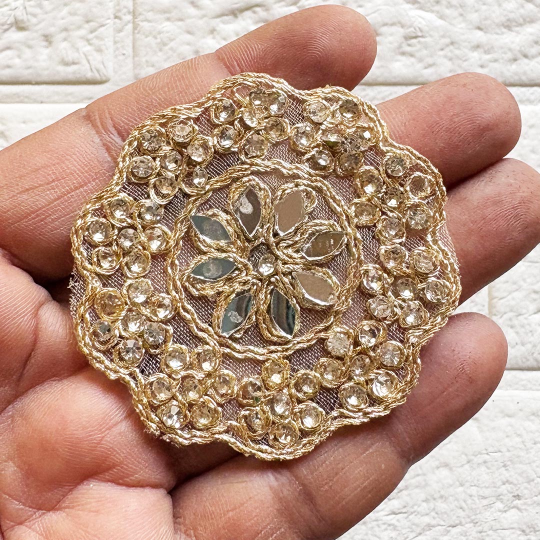 Round Floral Mirror Rhinestone Patch Pack of 10 For Saree, Blouse, Dupatta and DIY art & Craft