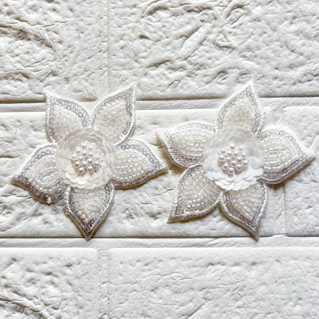 White Floral Nalki & Sequine Patch Pack of 10 For Saree, Blouse, Dupatta and DIY art & Craft