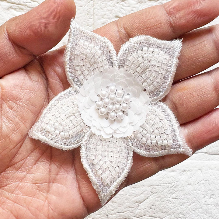 White Floral Nalki & Sequine Patch Pack of 10 For Saree, Blouse, Dupatta and DIY art & Craft
