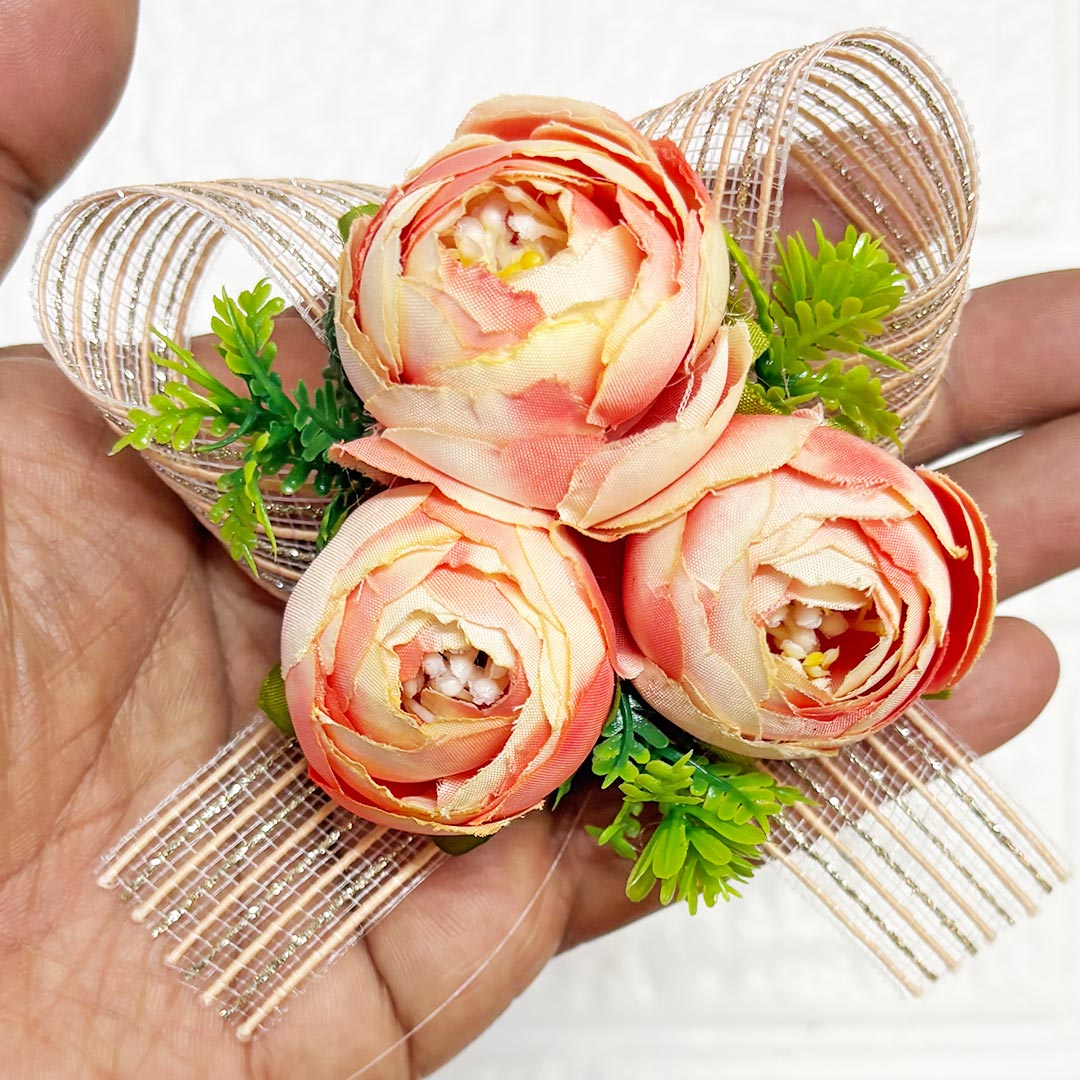 3 Peonies flower ribbon Bunch Pack of 6 for Trousseau &amp; Gift Packaging | Wedding &amp; Festive Décor