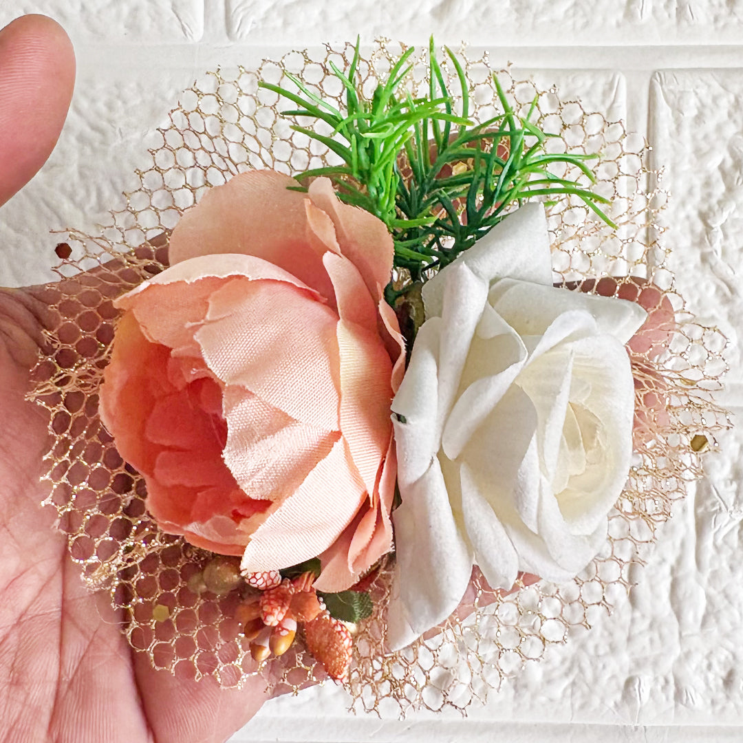 Big Peony with Rose Bunch Set of 4 for Trousseau Packing, Ready to use Flower Brooch Hamper for Decoration