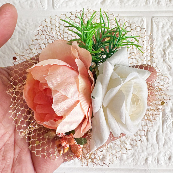 Big Peony with Rose Bunch Set of 4 for Trousseau Packing, Ready to use Flower Brooch Hamper for Decoration