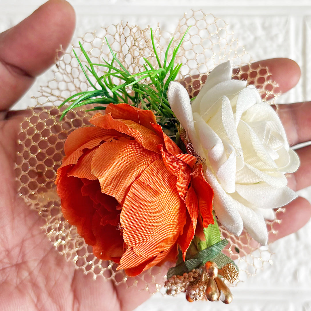 Big Peony with Rose Bunch Set of 4 for Trousseau Packing, Ready to use Flower Brooch Hamper for Decoration