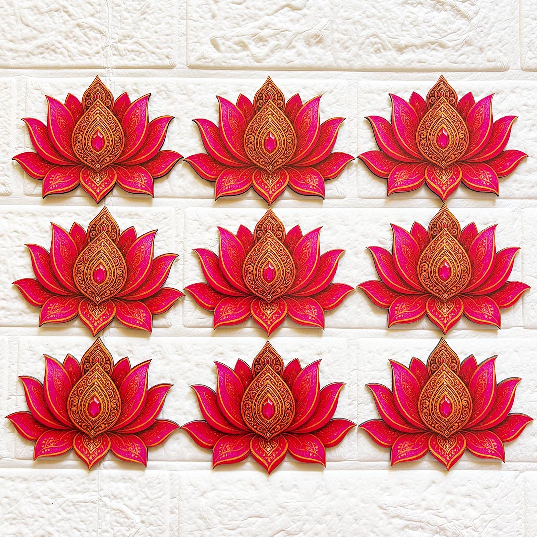Golden &amp; Rani Lotus printed mdf Cutout Pack of 10 | DIY Decoration, Toran, Bandhanwar
