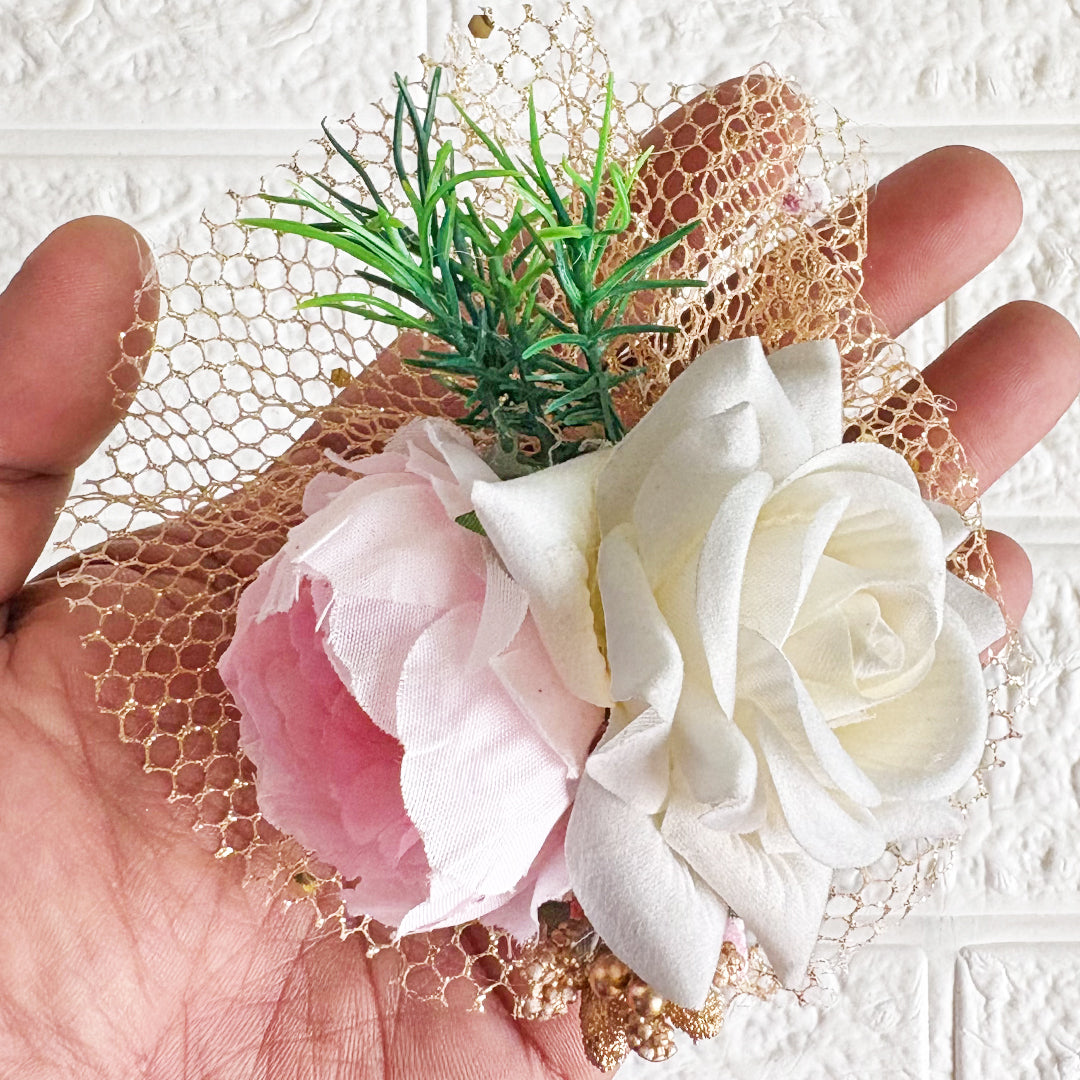 Big Peony with Rose Bunch Set of 4 for Trousseau Packing, Ready to use Flower Brooch Hamper for Decoration