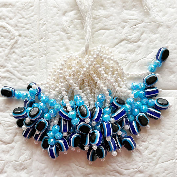 Evil eye &amp; Small White Beads Tassel Pack Of 10 For Diy art &amp; Craft Decorations