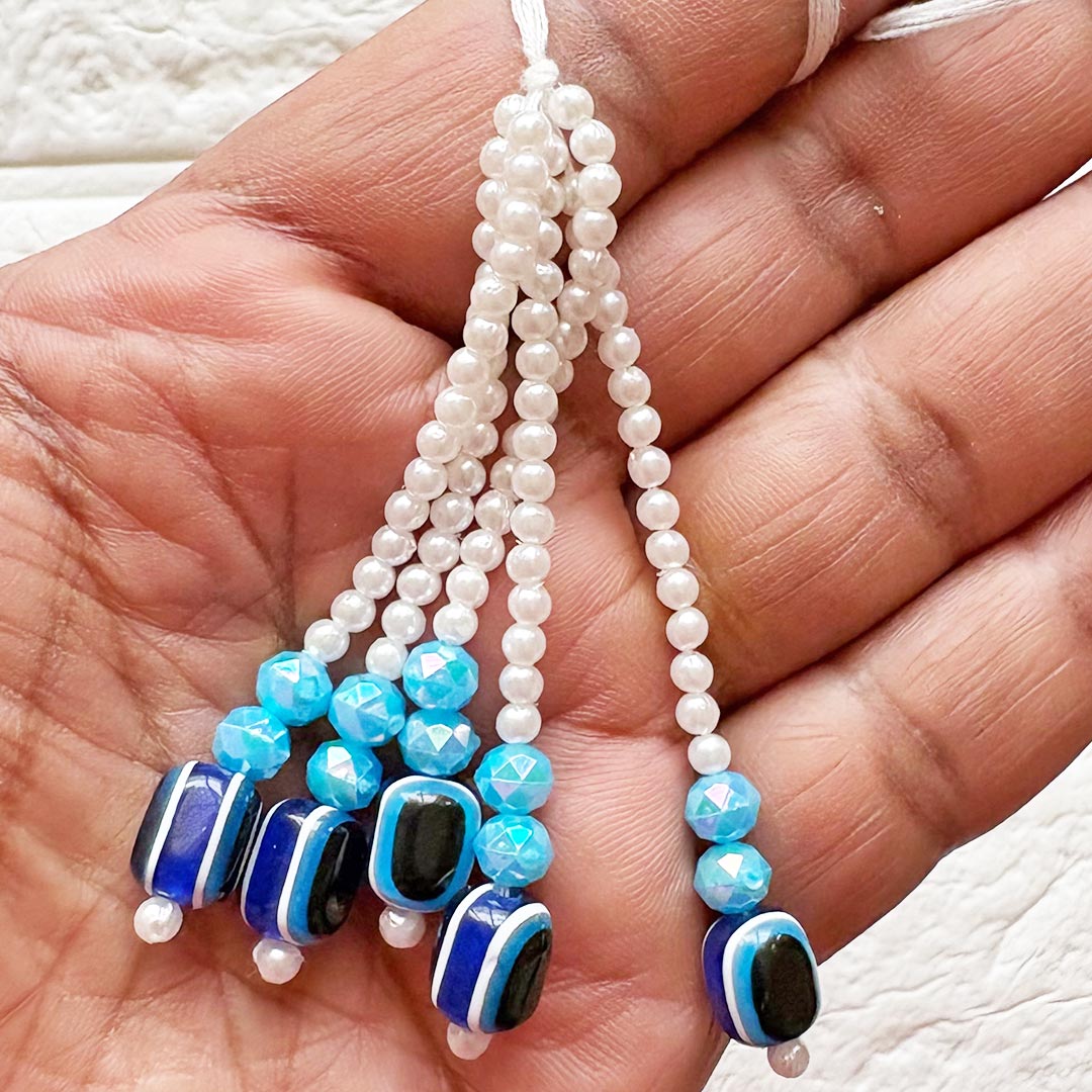 Evil eye &amp; Small White Beads Tassel Pack Of 10 For Diy art &amp; Craft Decorations