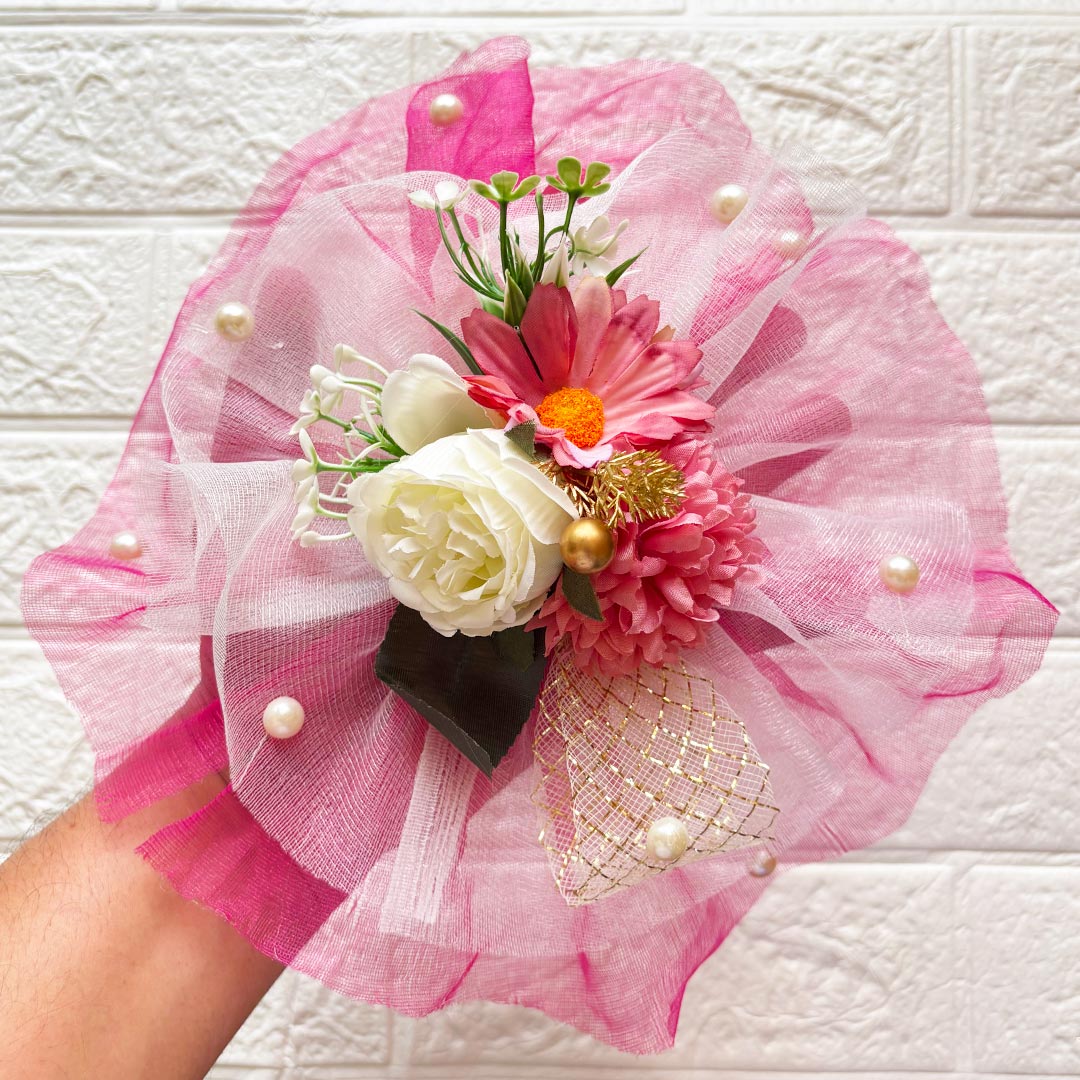 3 Flower Bunch with Pink Net Fabric Pack of 4 | Ready-to-Use Trousseau &amp; Gift Packaging for Wedding &amp; Festive Décor