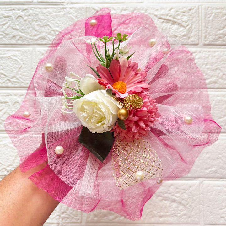 3 Flower Bunch with Pink Net Fabric Pack of 4 | Ready-to-Use Trousseau &amp; Gift Packaging for Wedding &amp; Festive Décor