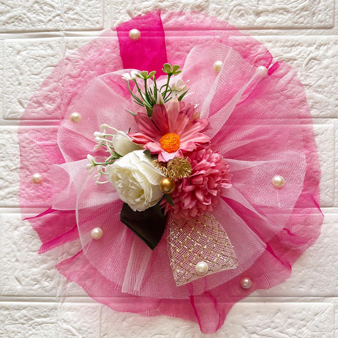3 Flower Bunch with Pink Net Fabric Pack of 4 | Ready-to-Use Trousseau &amp; Gift Packaging for Wedding &amp; Festive Décor