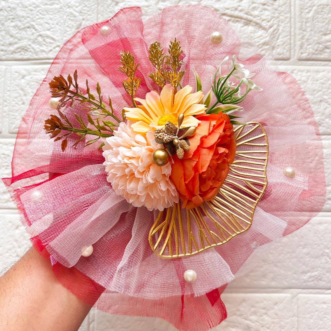 3 Flower Bunch with Red Net Fabric Pack of 4 | Ready-to-Use Trousseau &amp; Gift Packaging for Wedding &amp; Festive Décor