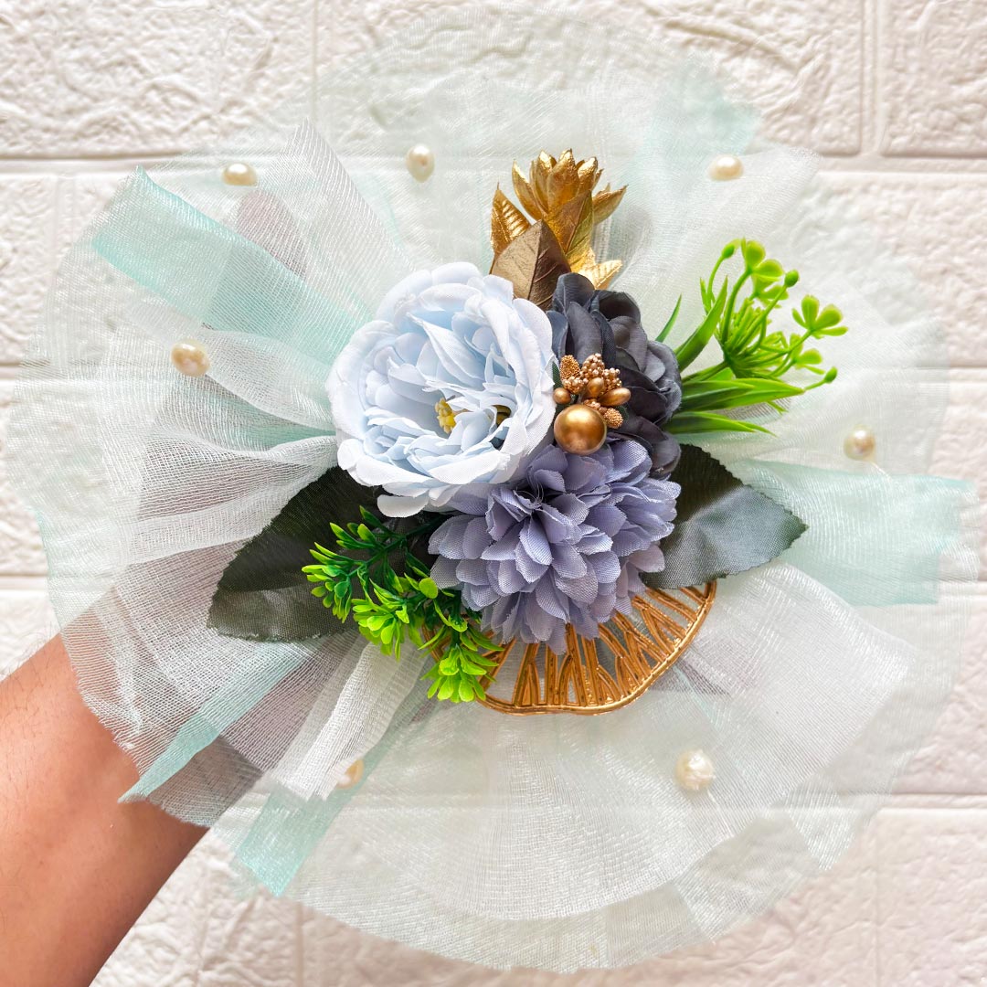 3 Flower Bunch with Sky Blue Net Fabric Pack of 4 | Ready-to-Use Trousseau &amp; Gift Packaging for Wedding &amp; Festive Décor