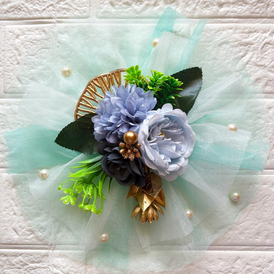 3 Flower Bunch with Sky Blue Net Fabric Pack of 4 | Ready-to-Use Trousseau &amp; Gift Packaging for Wedding &amp; Festive Décor