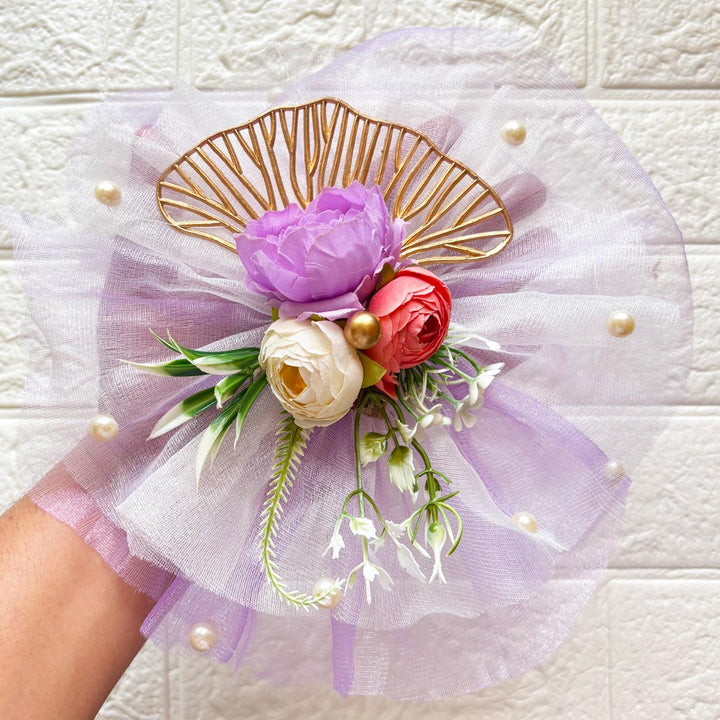 3 Flower Bunch with Purple Net Fabric Pack of 4 | Ready-to-Use Trousseau &amp; Gift Packaging for Wedding &amp; Festive Décor