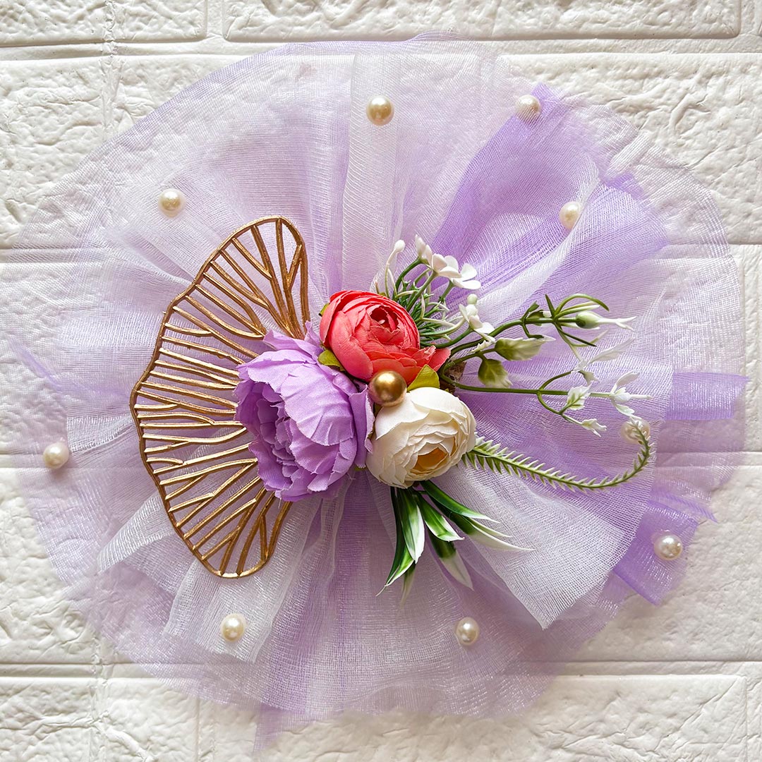 3 Flower Bunch with Purple Net Fabric Pack of 4 | Ready-to-Use Trousseau &amp; Gift Packaging for Wedding &amp; Festive Décor