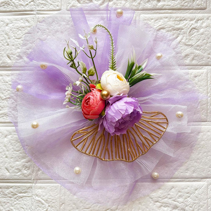 3 Flower Bunch with Purple Net Fabric Pack of 4 | Ready-to-Use Trousseau &amp; Gift Packaging for Wedding &amp; Festive Décor